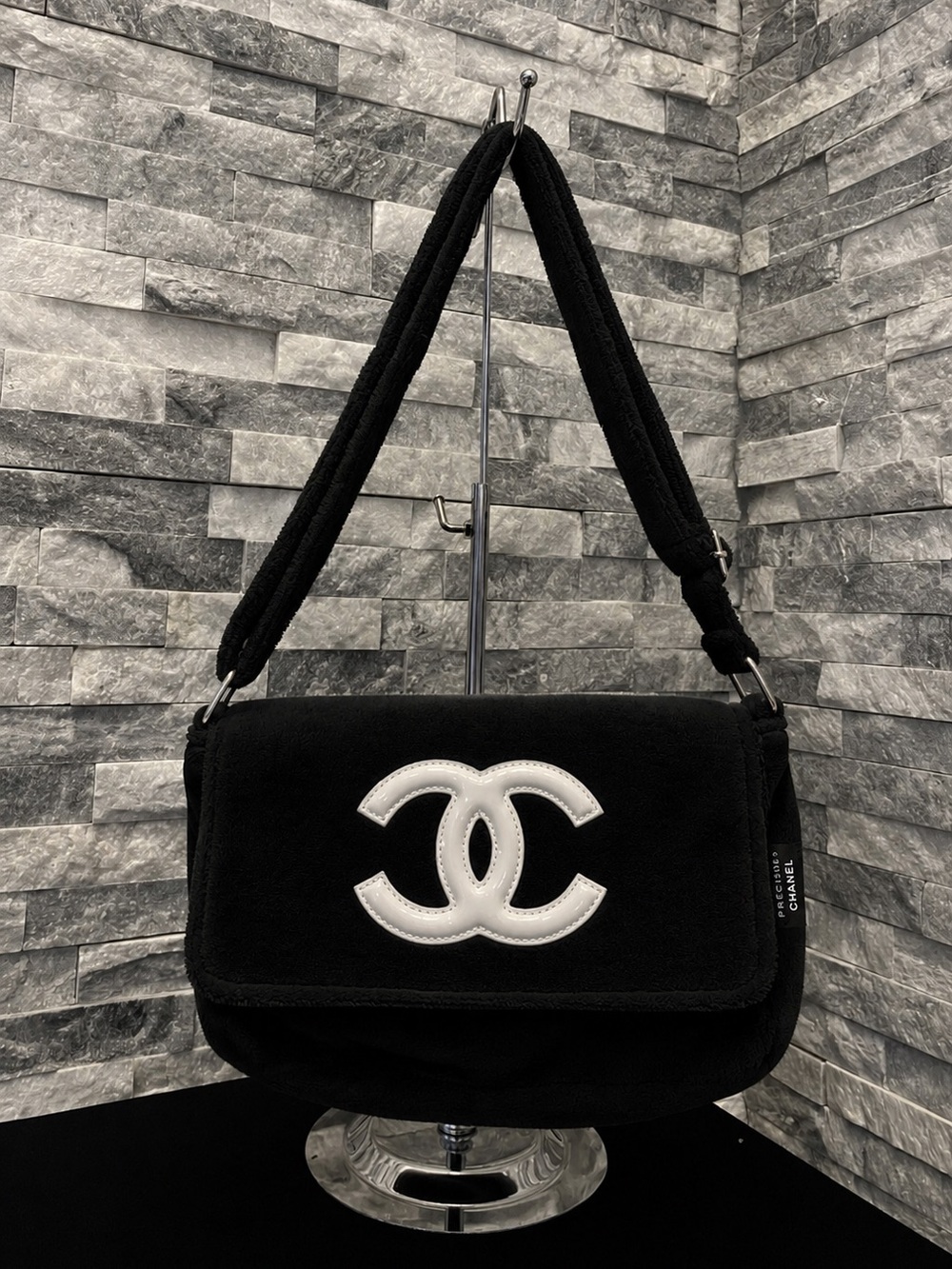CHANEL Black Cosmetic Shoulder Bag with White CC Logo
